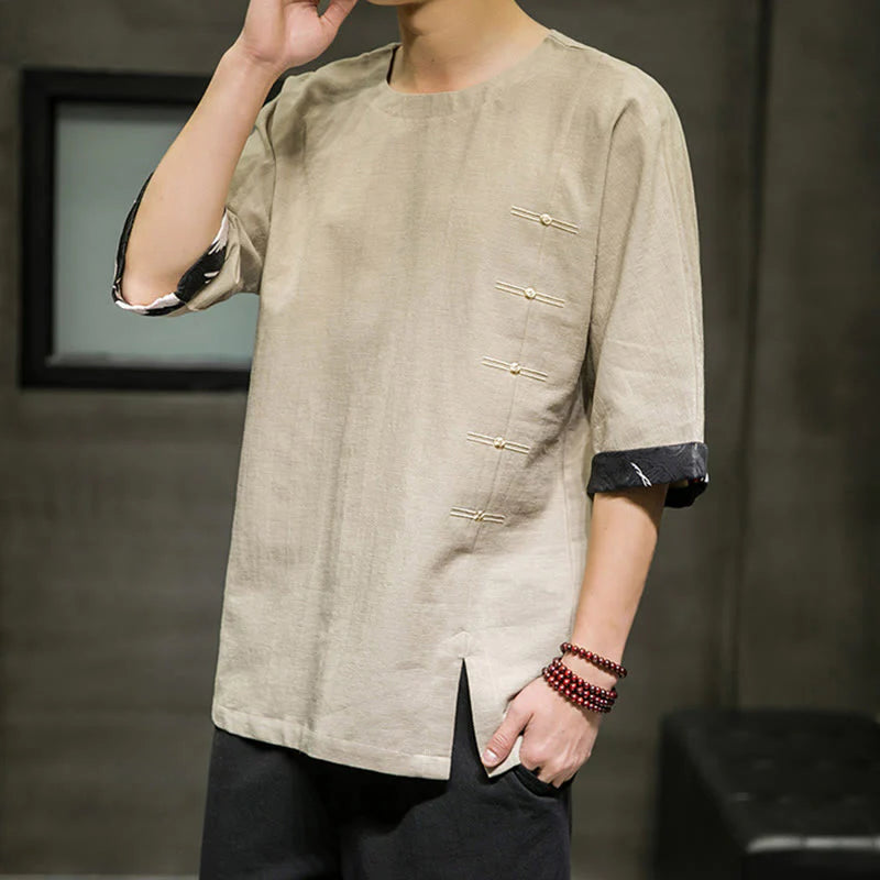 Buddha Stones Summer Retro Solid Color Patchwork Design Men's Three Quarter Sleeve Cotton Linen T-Shirt