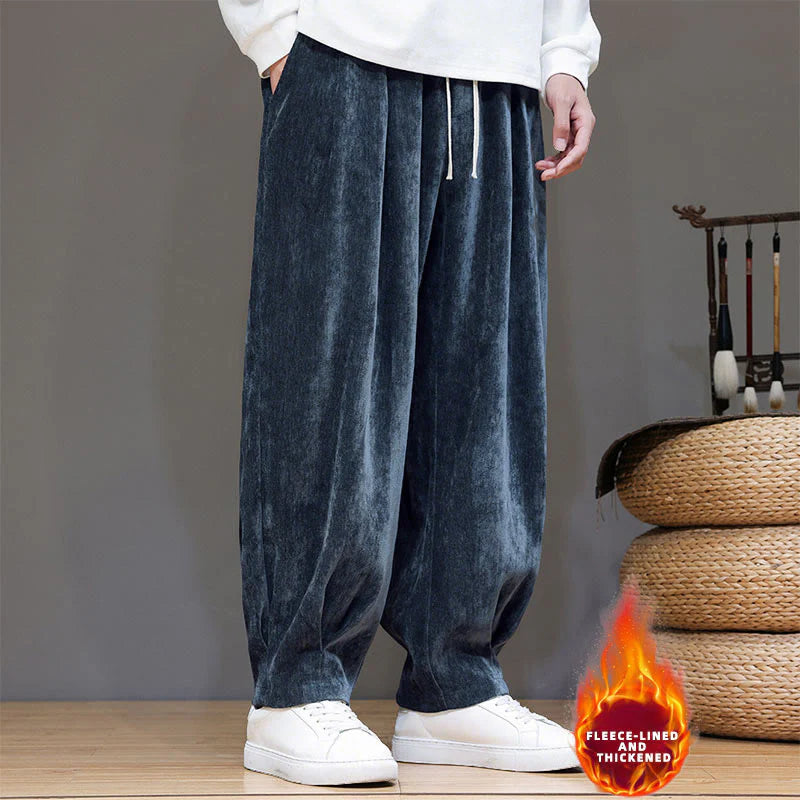 Buddha Stones Winter Pure Color Cotton Men's Harem Thickened Fleece-lined Pants With Pockets