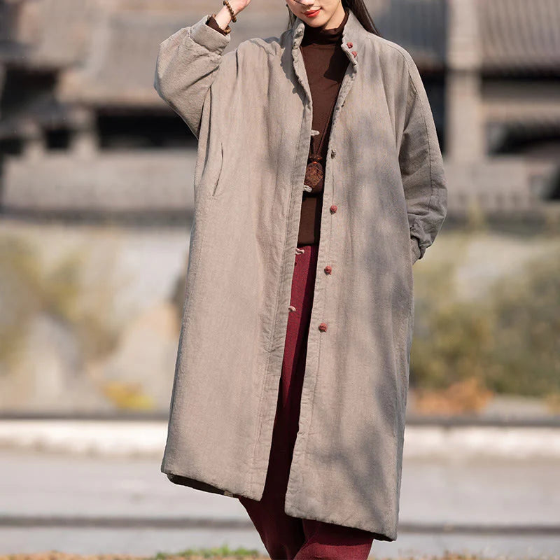 Buddha Stones Winter Solid Frog-Button Ramie Cotton Women's Long Sleeve Thermal Coat With Pockets