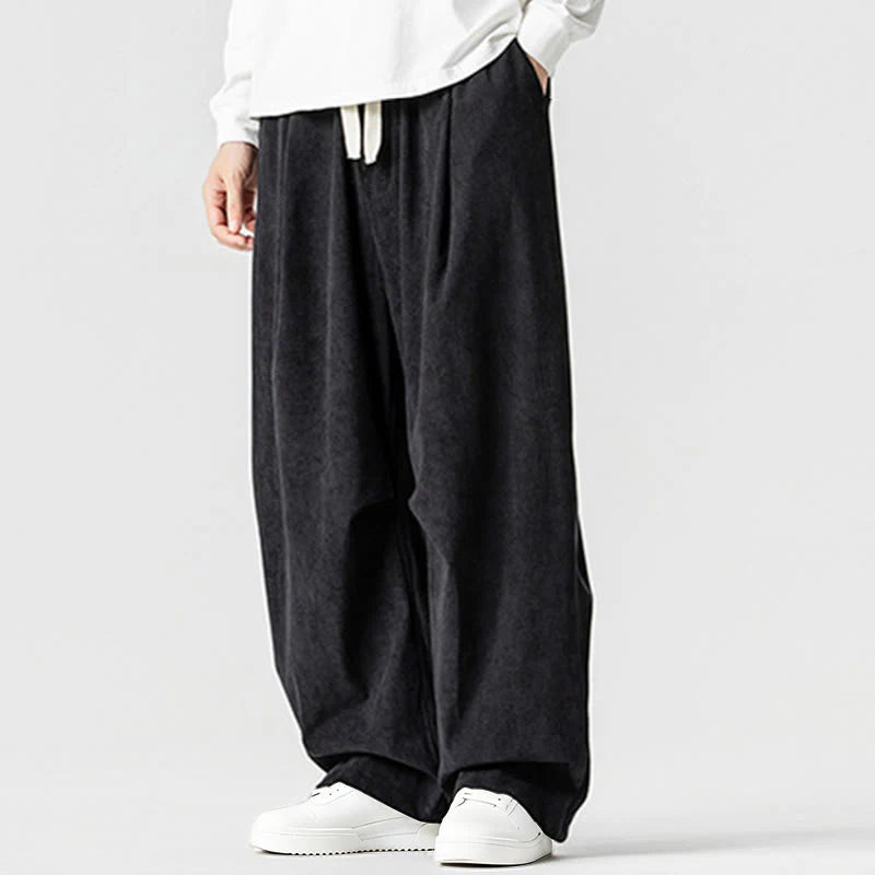 Buddha Stones Winter Drawstring Corduroy Cotton Men's Wide Leg Pants With Pockets