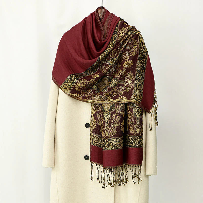 Buddha Stones Spring Golden Cashew Flower Geometric Pattern Tassel Cozy Scarf Shawl