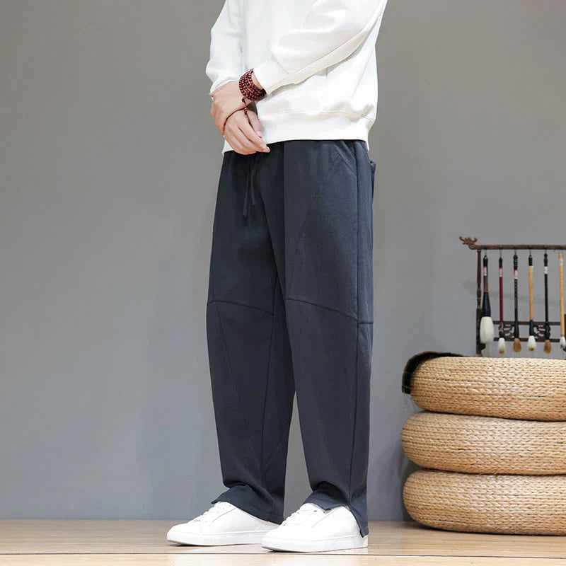 Buddha Stones Winter Solid Color Fleece-lined Men's Cotton Linen Pants With Pockets