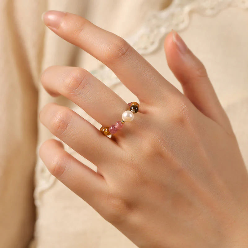 Buddha Stones Natural Tourmaline Lucky Pearl Pixiu Amber Positive Love Ring