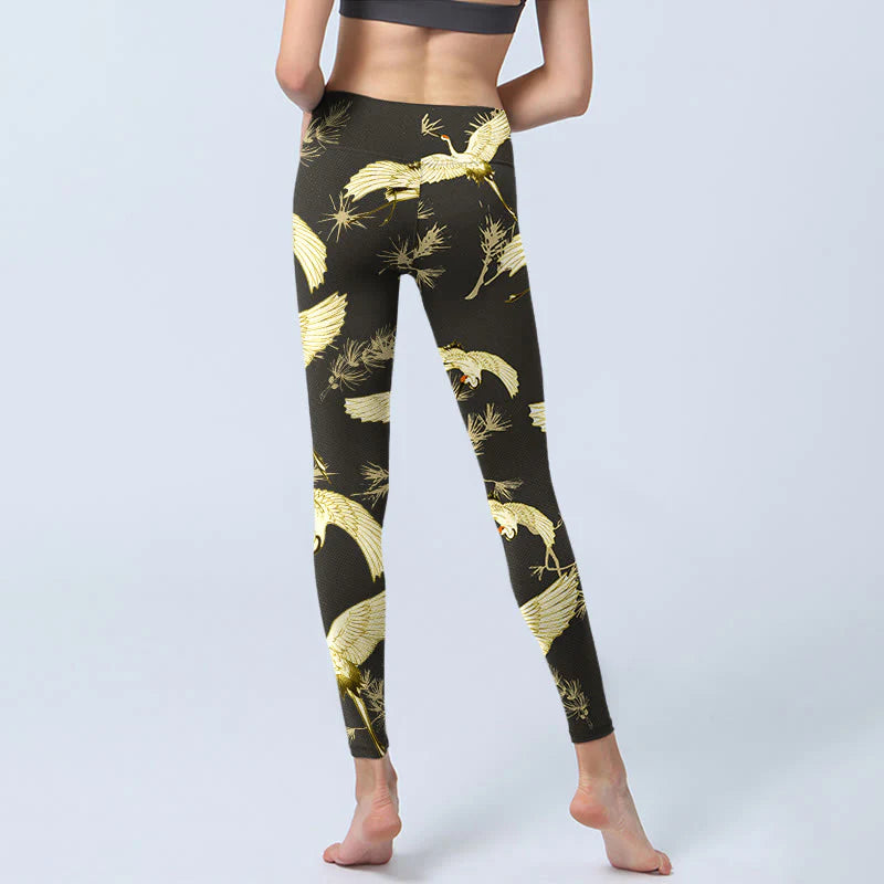 Buddha Stones Flying Red-crowned Crane Branch Pine Needles Pattern Print Gym Leggings Women's Yoga Pants