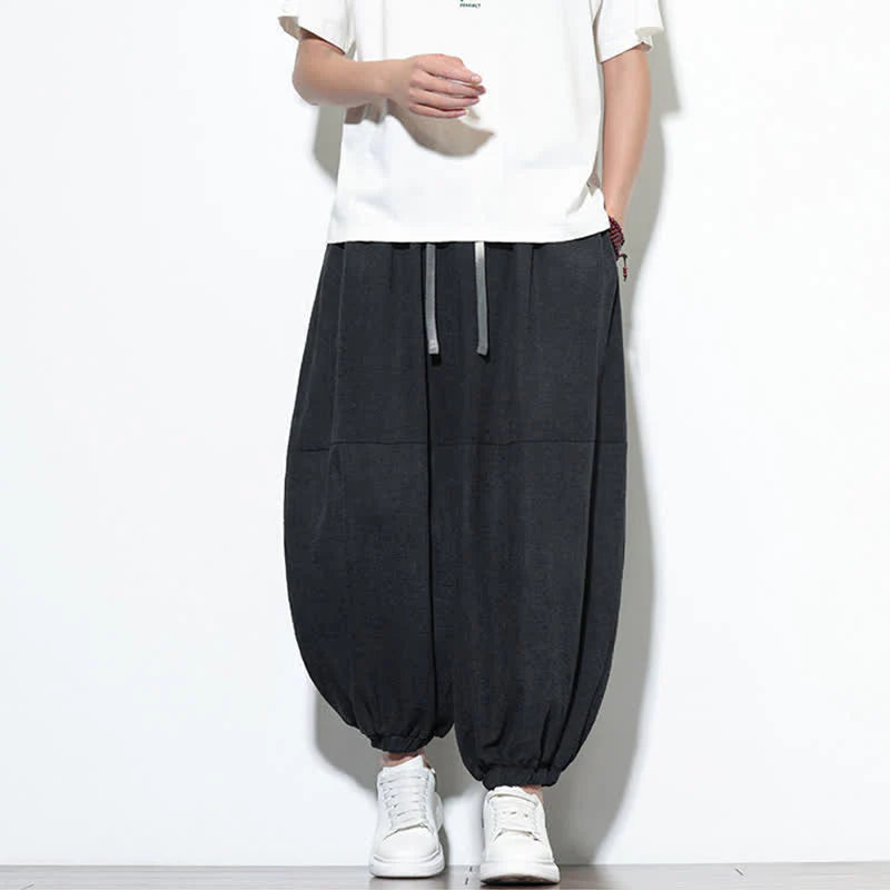 Buddha Stones Spring Solid Color Drawstring Cropped Men's Harem Cotton Pants With Pockets