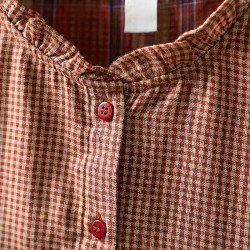 Buddha Stones Fall Tiny Plaid Button Down Ruffle Collar Long Sleeve Women's Cotton Shirt