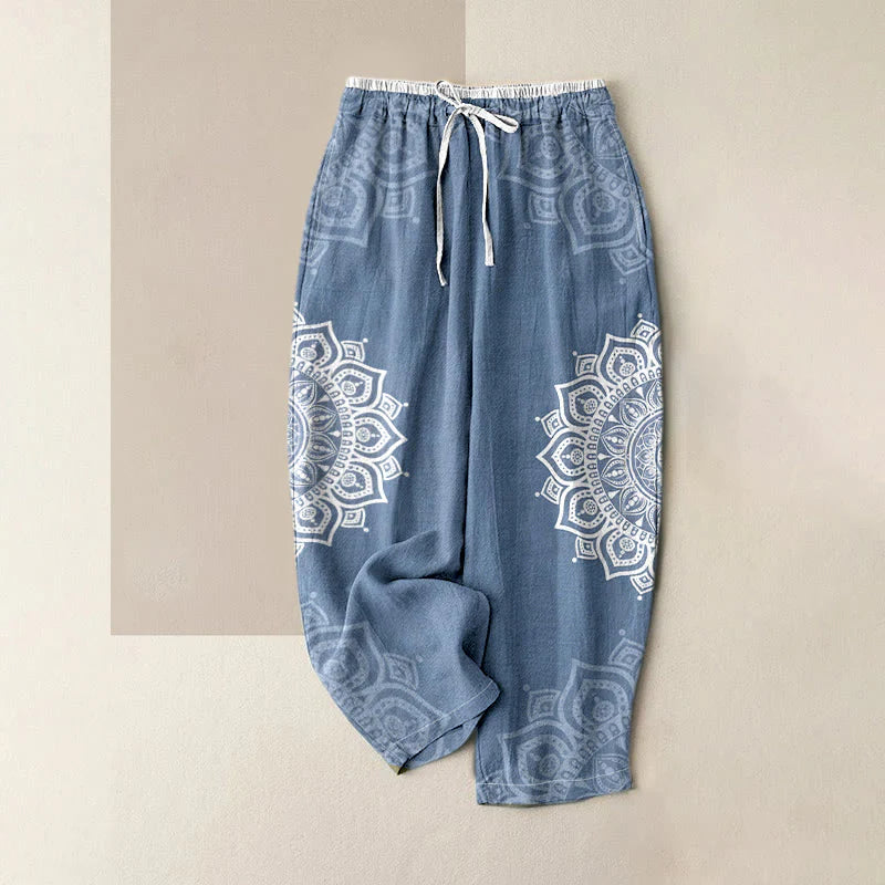 Buddha Stones Pure Cotton Mandala Pattern Women's Elastic Waist Pants With Pockets