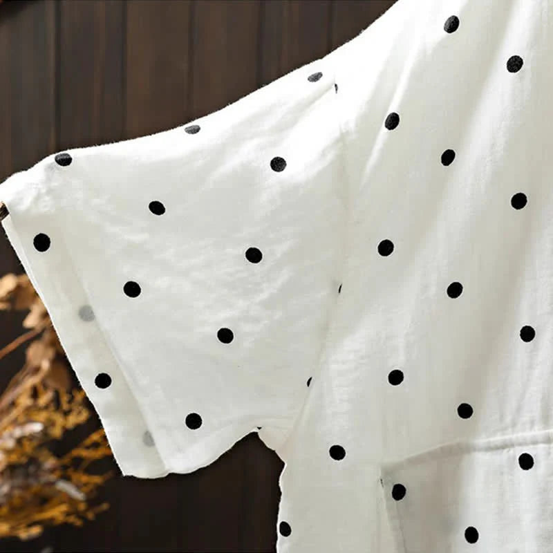 Buddha Stones Women's Commute Short Sleeve Polka Dot Lapel Cotton Shirt With Pockets