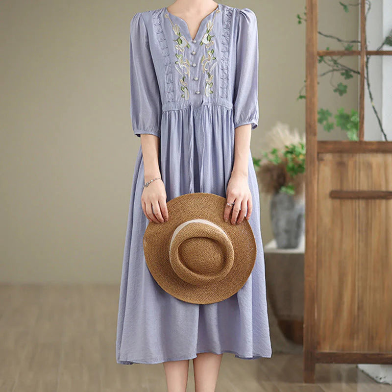 Buddha Stones Spring Floral Embroidery V Neck Tie Waist Elbow-Length Sleeve Women's Dress With Pockets
