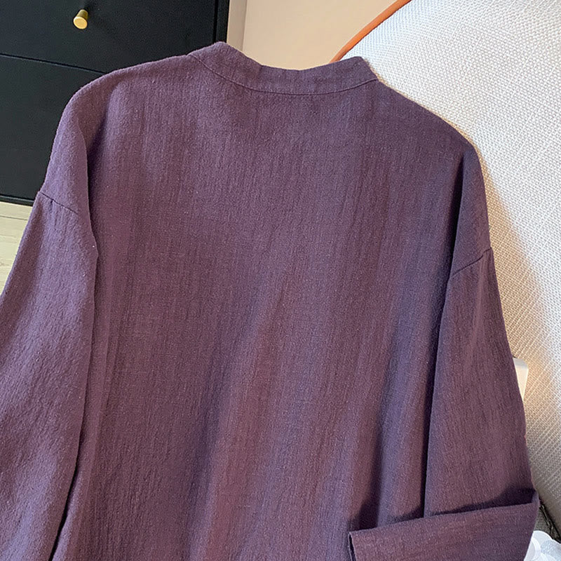 Buddha Stones Casual Women's Plain Frog-Button Stand Collar Design Long Sleeve Shirt