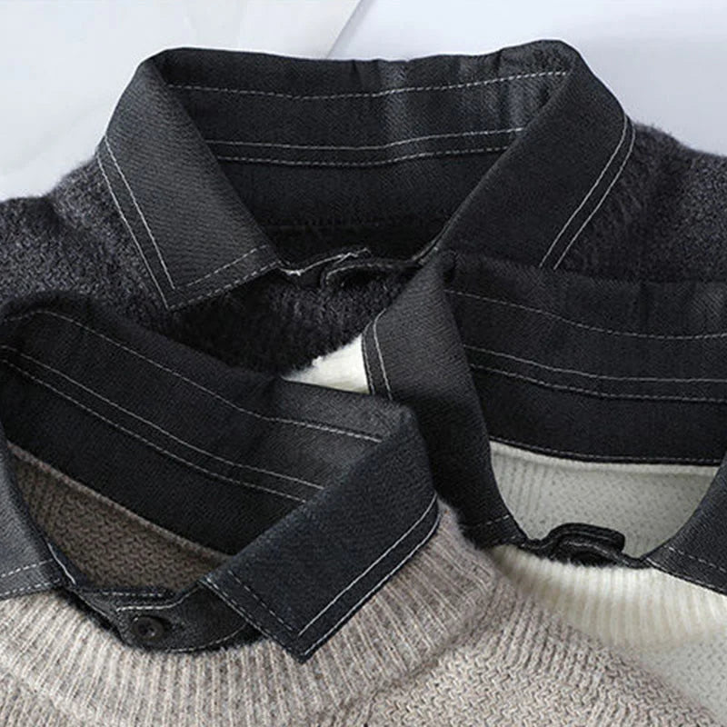 Buddha Stones Winter Black Stand Collar Plaid Pattern Warm Men's Long Sleeve Knitted Sweater