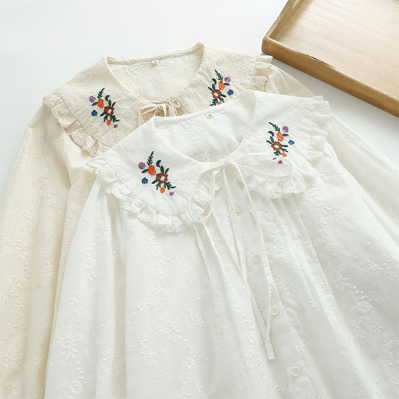 Buddha Stones Fall White Floral Embroidery Peter Pan Collar Buttons Women's Cotton Long Sleeve Shirt