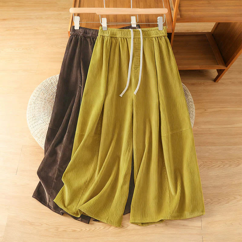 Buddha Stones Plain Elastic Waist Women's Cropped 7-8 Length Wide Leg Corduroy Pants