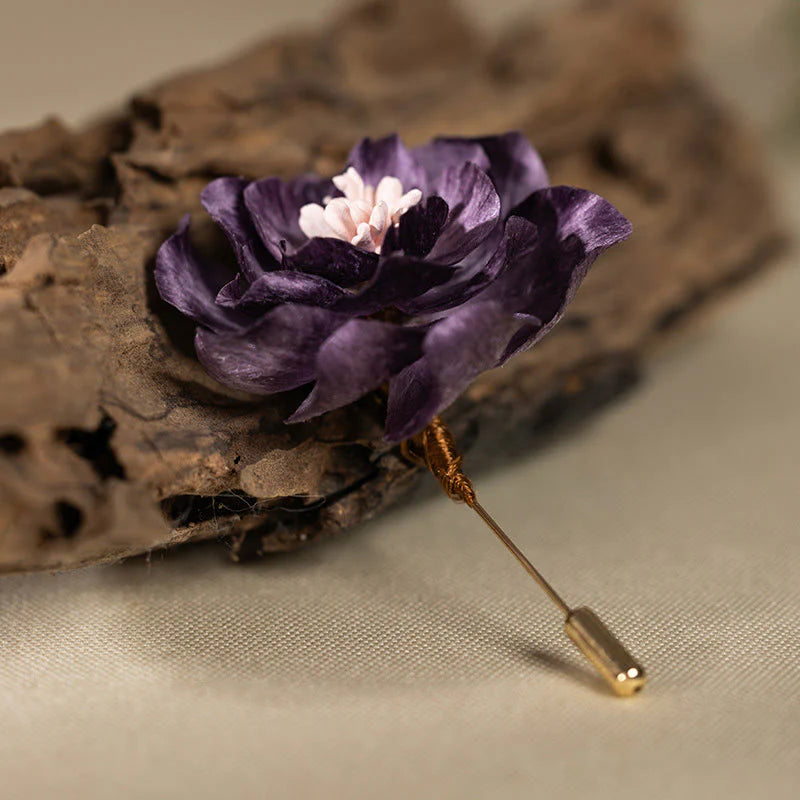 Buddha Stones Handcrafted Silk Art Purple Peony Flower Good Fortune Brooch