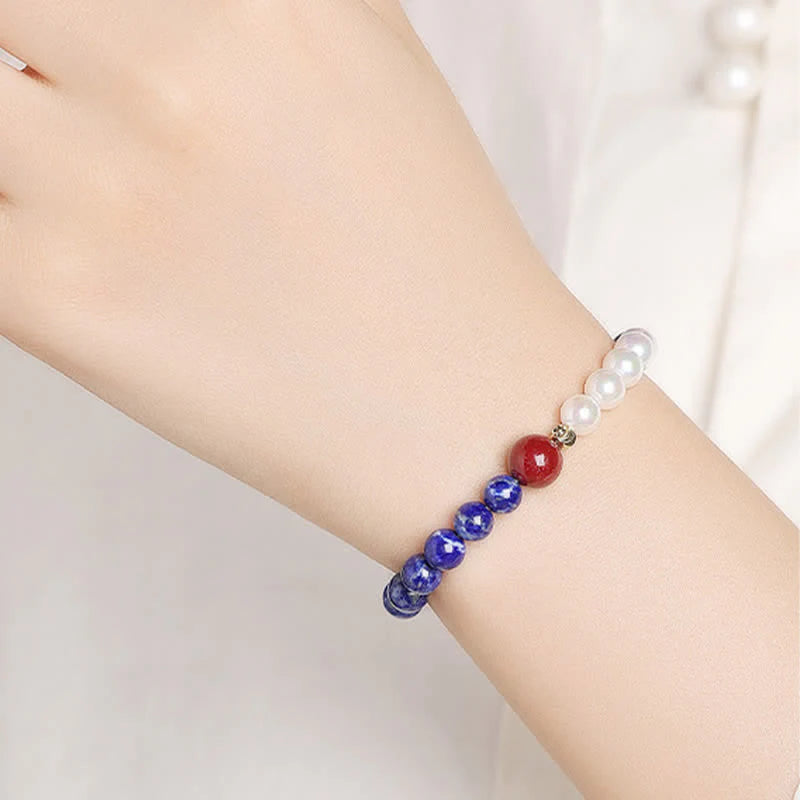 Buddha Stones Lapis Lazuli Lazurite Pearl Cinnabar Positive Beaded Bracelet