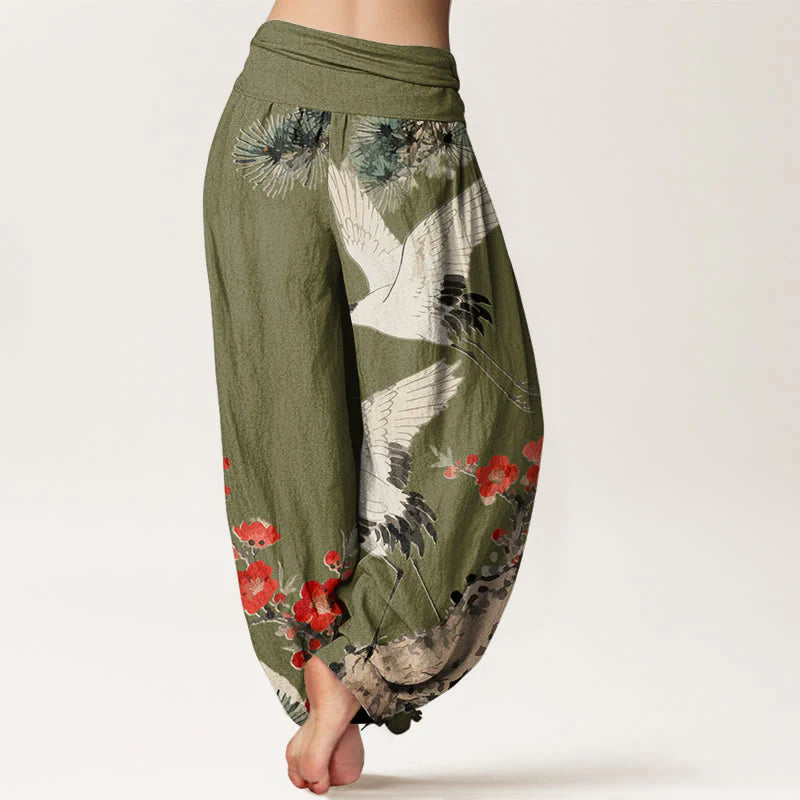 Buddha Stones Print Cranes Plum Blossoms Pattern Women's Elastic Waist Harem Cotton Pants