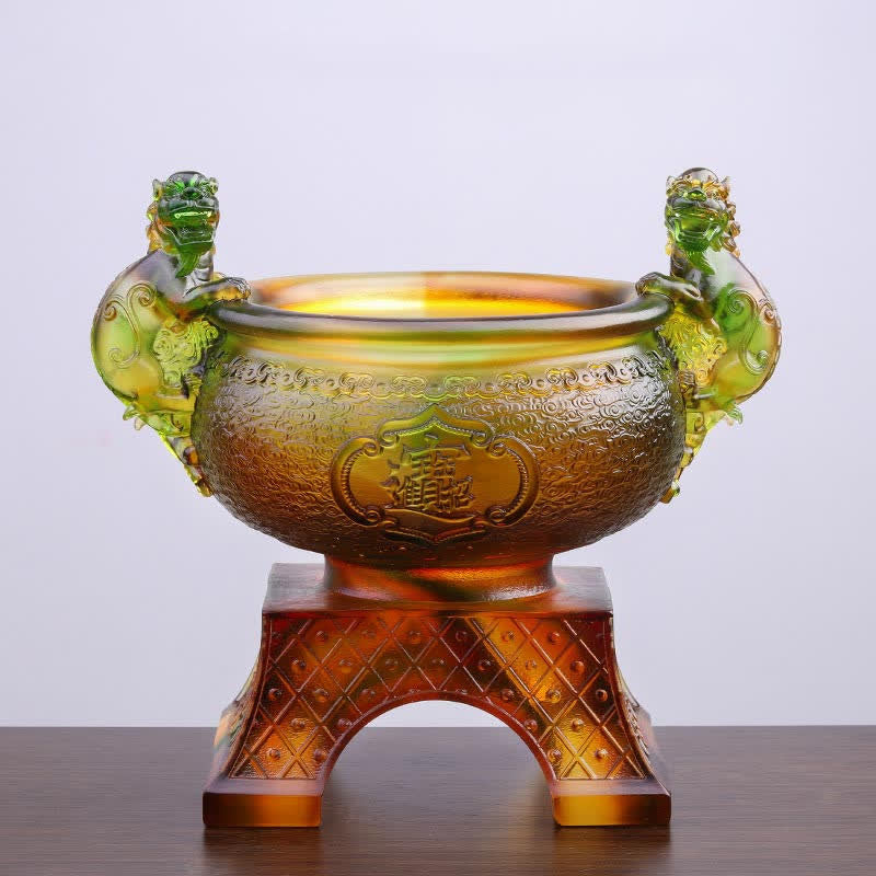 Buddha Stones Handmade Liuli Crystal PiXiu Treasure Bowl Art Piece Home Decoration
