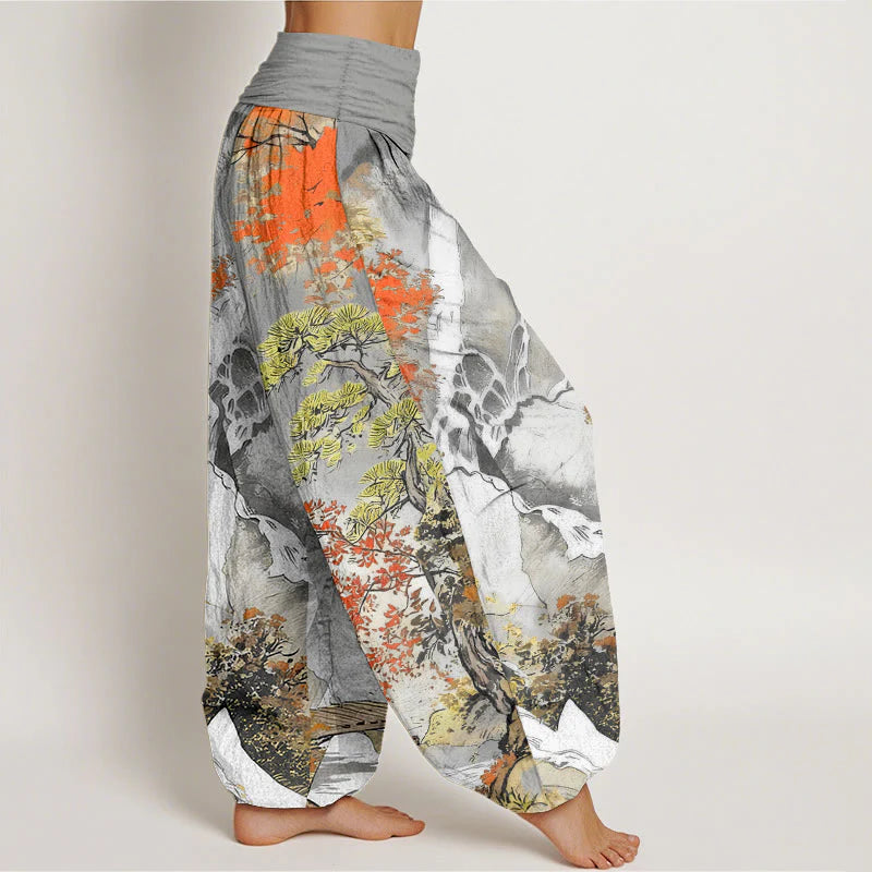 Buddha Stones Pure Cotton Color Coordinated Landscape Tree Pattern Women's Elastic Waist Harem Pants
