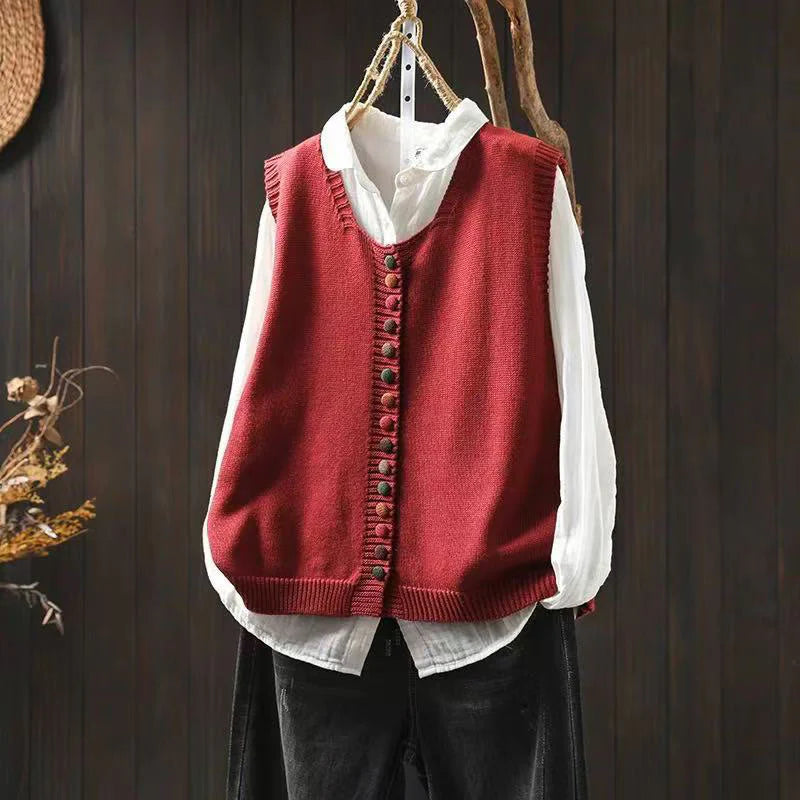 Buddha Stones Colorful Buttons Women's Sleeveless Cotton Knitted Vest Waistcoat