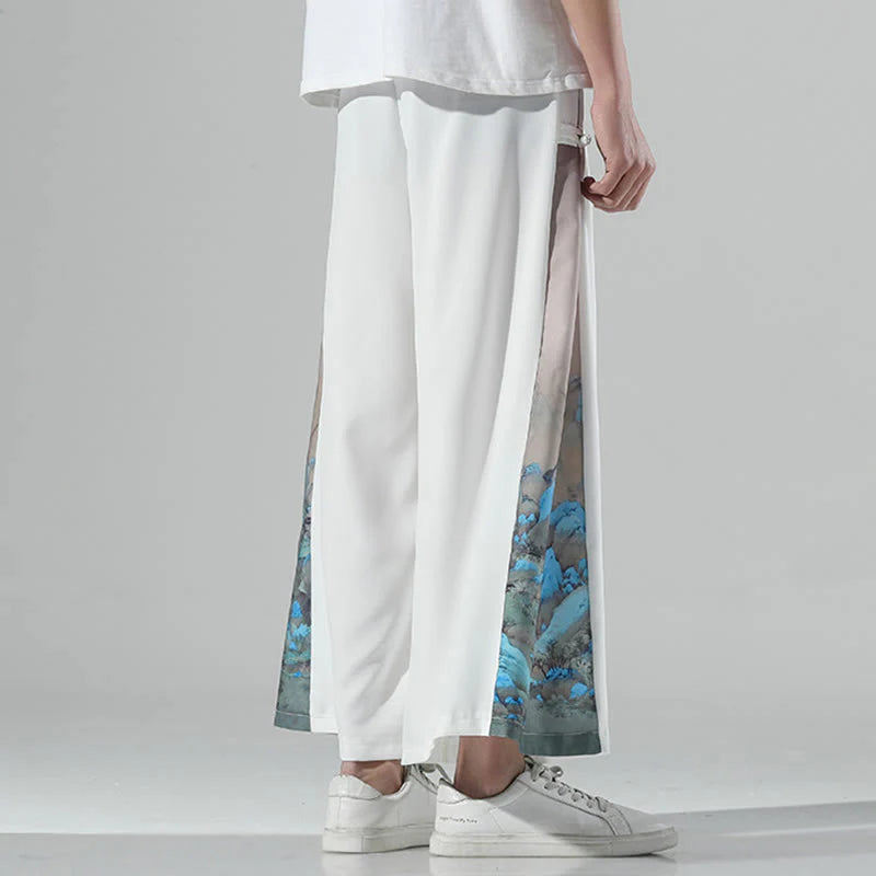 Buddha Stones Mountains Rivers Pattern Men's Wide Leg Pants With Pockets