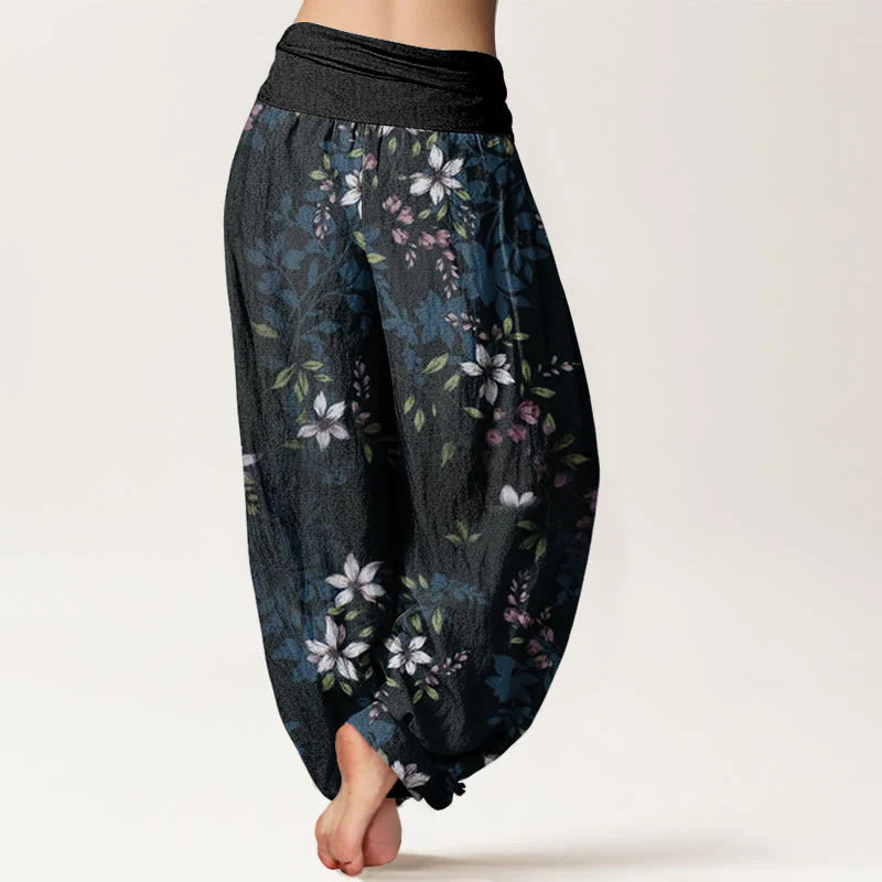 Buddha Stones Cotton Small White Blossoms Green Leaves Women's Elastic Waist Harem Pants