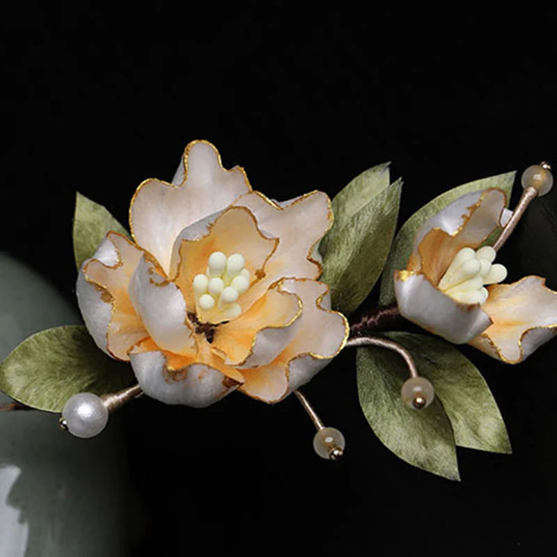 Buddha Stones Handcrafted Silk Art Golden Peony Flower Good Fortune Brooch