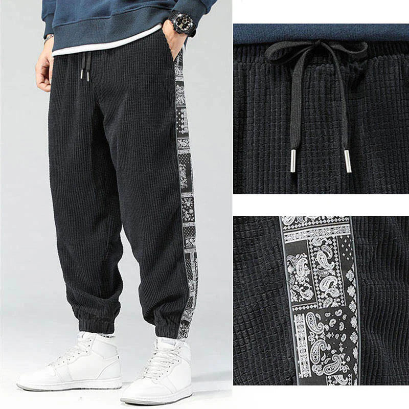 Buddha Stones Fall Solid Drawstring Side Paisley Pattern Straight Leg Ankle-length Corduroy Men's Pants With Pockets