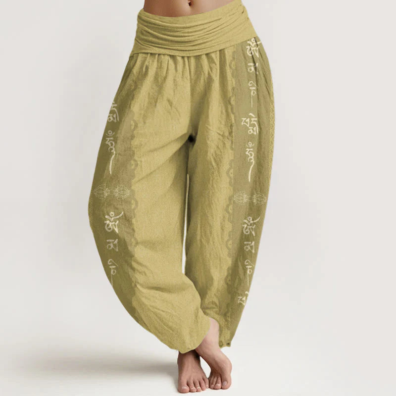 Buddha Stones Cotton Om Mani Padme Hum Pattern Women's Elastic Waist Harem Pants