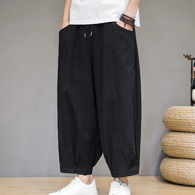 Buddha Stones Casual Plain Men's Cotton 7-8 Length Harem Pants With Pockets