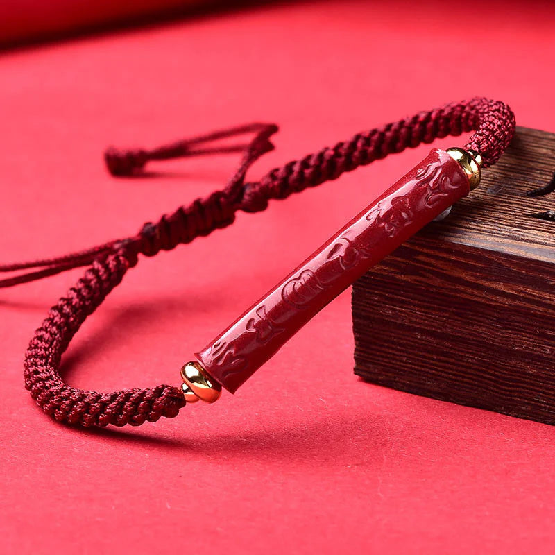 Buddha Stones Handmade Cinnabar Om Mani Padme Hum Heart Sutra Blessing Braided Bracelet