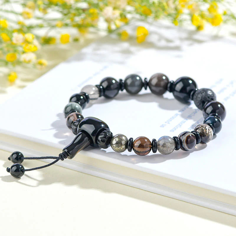 Buddha Stones Five Elements Various Crystal Black Obsidian Wealth Wisdom Bracelet