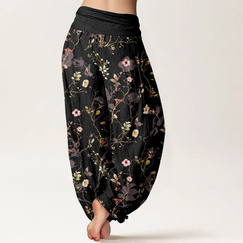 Buddha Stones Pure Cotton Retro Flowers Leaves Branches Pattern Women's Elastic Waist Harem Pants