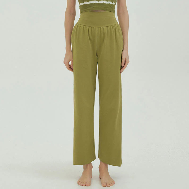 Buddha Stones Casual Loose Tie-down Hem Plain High Waist Women's Leica Pants With Pockets