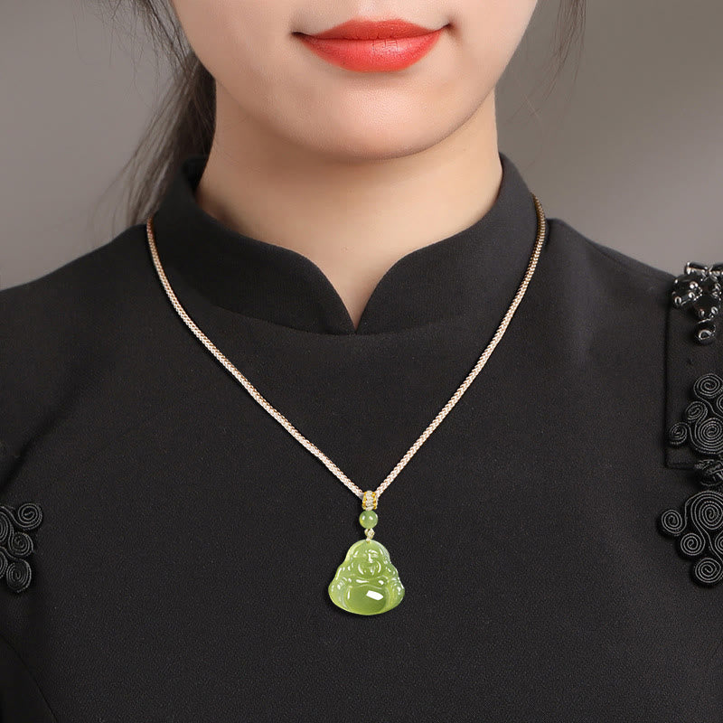 Buddha Stones Green Jade Laughing Buddha Prosperity Rope Necklace Pendant