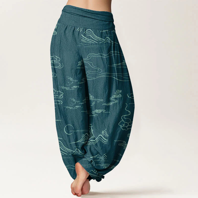 Buddha Stones Cotton Mountain Moon Auspicious Clouds Pattern Women's Elastic Waist Harem Pants