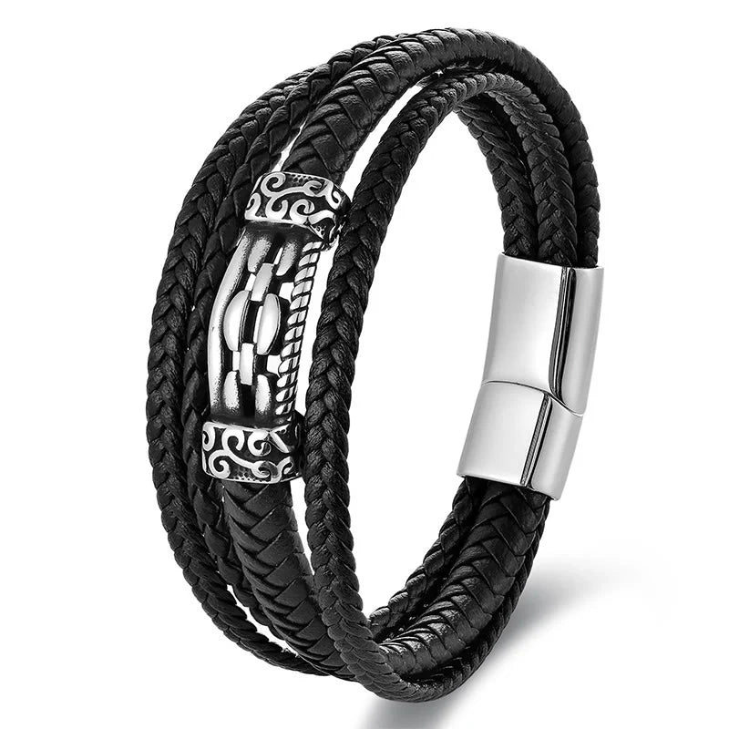 Buddha Stones Chain Link Design Titanium Steel Multi-layer Leather Balance Braided Bracelet