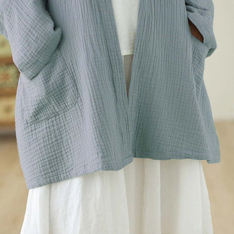 Buddha Stones Plain Long Sleeve Zen Meditation Cotton Linen Jacket With Pockets