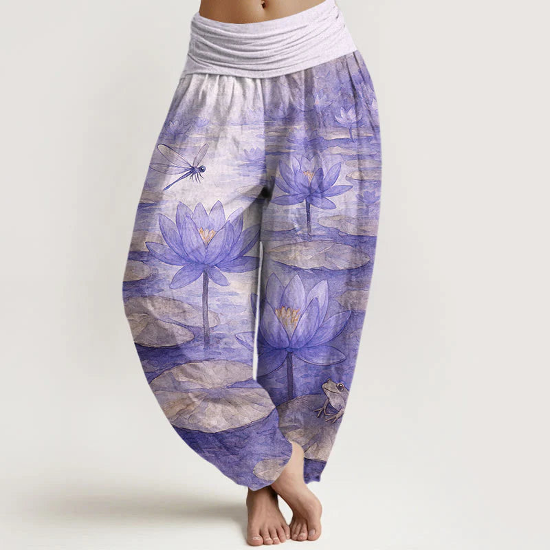 Buddha Stones Pure Cotton Fresh Elegant Lotus Flower Leaf Dragonfly Frog Pattern Women's Elastic Waist Harem Pants
