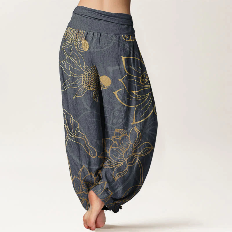 Buddha Stones Cotton Lotus Leaf Koi Fish Women's Elastic Waist Harem Pants