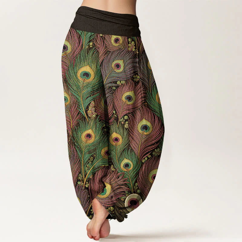 Buddha Stones Peacock Feathers Pattern Pure Cotton Women's Elastic Waist Harem Pants