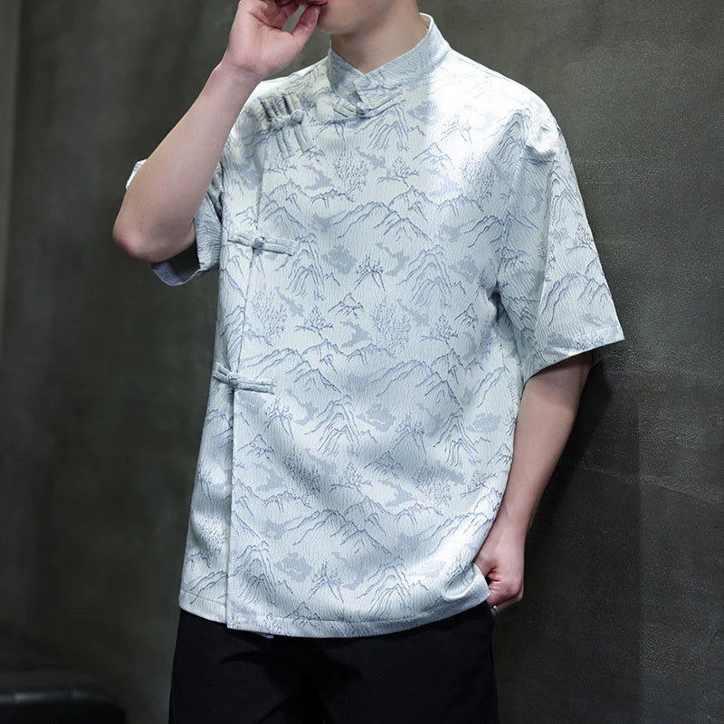 Buddha Stones Summer Mountain Pattern Jacquard Chinese Frog-Button Cotton Short Sleeve Men's Shirt