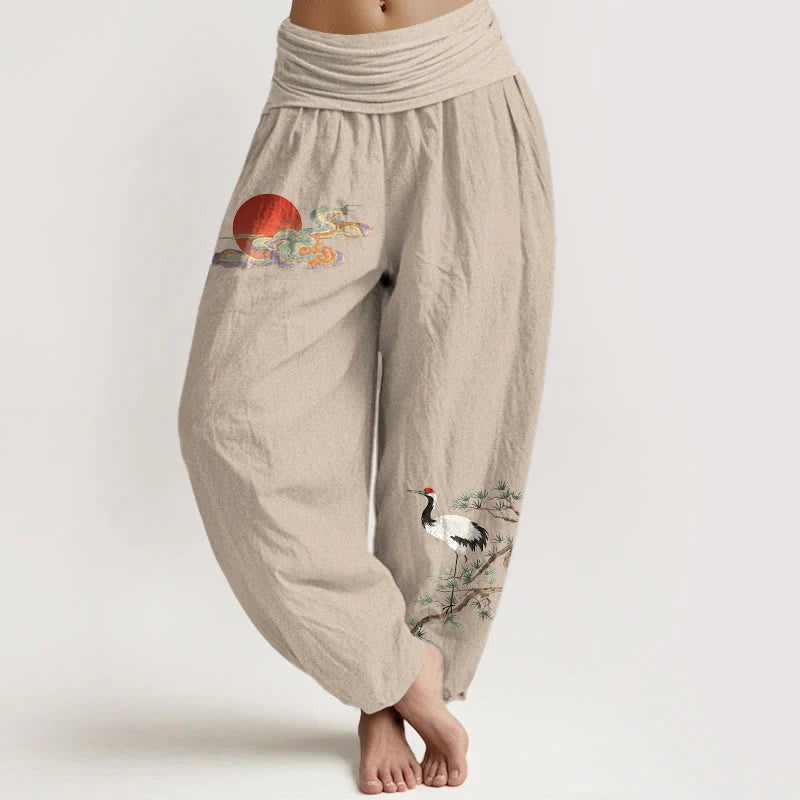 Buddha Stones Pure Cotton Concise Sun Cloud Crane Pine Tree Pattern Women's Elastic Waist Harem Pants