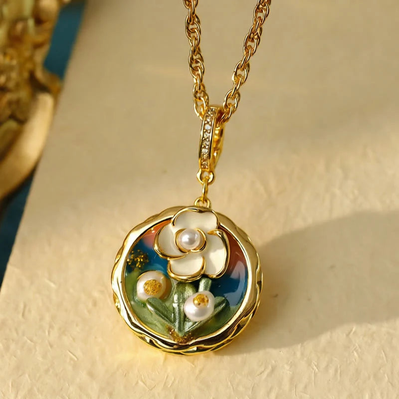 Buddha Stones Retro Round Oil Painting Flower Design Copper Wealth Necklace Pendant