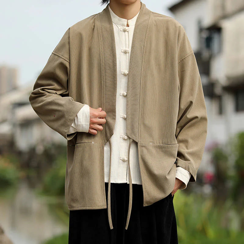 Buddha Stones Solid Color Open Front Long Sleeve Jacket Men's Cotton Corduroy Kimono With Pockets