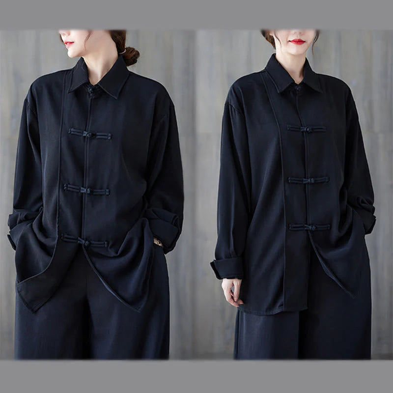 Buddha Stones Black Plain Frog-Button Lapel Women's Cotton Long Sleeve Shirt