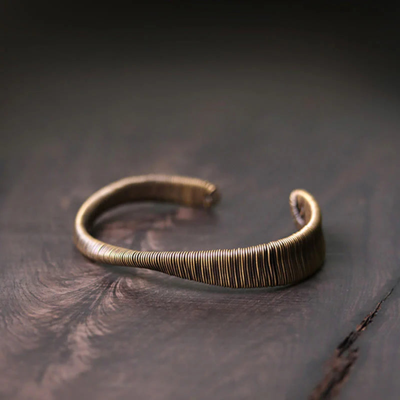 Buddha Stones Simple Design Wrapped Brass Copper Luck Wealth Adjustable Cuff Bracelet