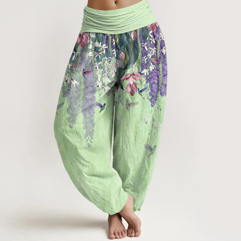 Buddha Stones Pure Cotton Orchid Birds Pattern Women's Elastic Waist Harem Pants