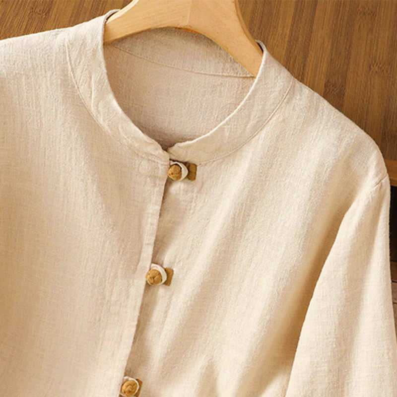 Buddha Stones Color Contrast Design Chinese Frog-Button Long Sleeve Women's Linen Shirt