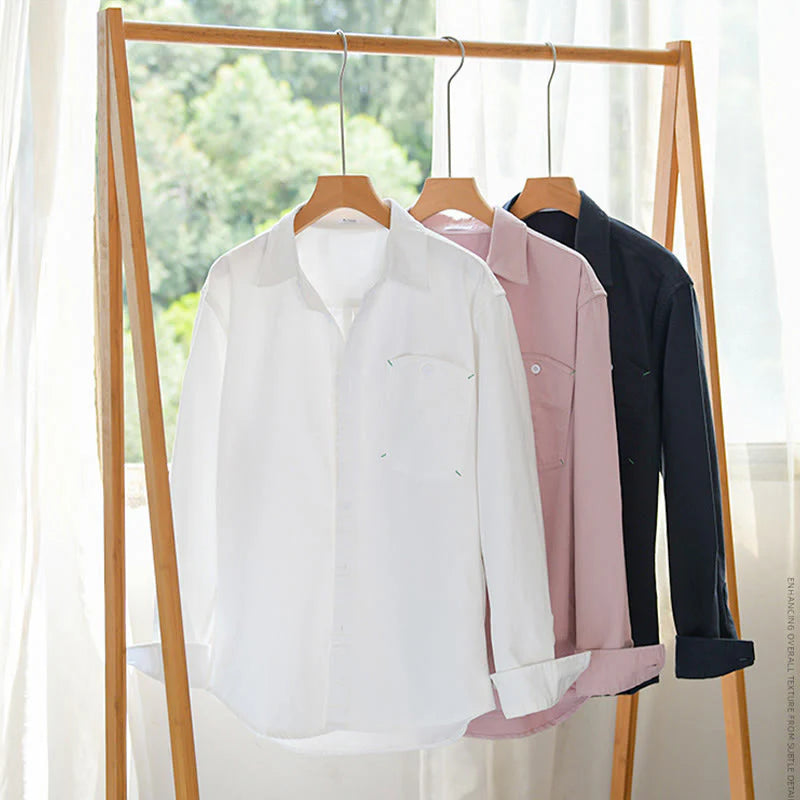 Buddha Stones Solid Buttons Down Decorative Pocket Men's Stand Collar Long Sleeve Cotton Shirt