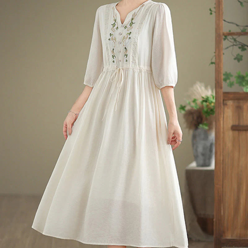 Buddha Stones Spring Floral Embroidery V Neck Tie Waist Elbow-Length Sleeve Women's Dress With Pockets